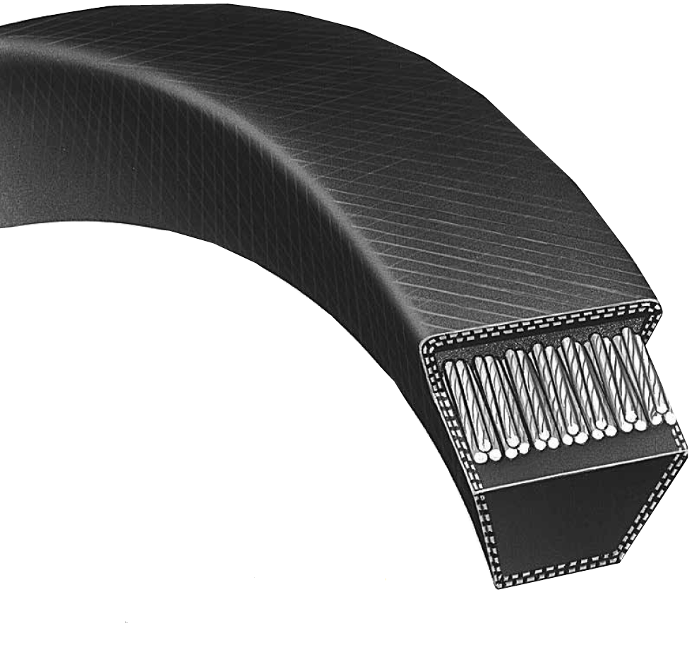 A cross-sectional view of a V-belt showing its distinctive trapezoidal wedge shape with visible ribbed internal structure composed of multiple tensile cords embedded in black rubber, photographed against a white background