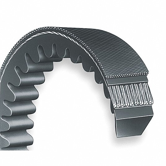 A cross-sectional view of a notched V-belt showing its distinctive trapezoidal wedge shape with visible notched structure